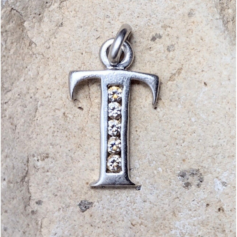 Vintage Sterling Silver CZ Initial Letter "T" Pendant Charm Signed